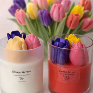 Tulpen Kerze „Tulpentrio“ im Glas – frühlingshafte Duftkerze