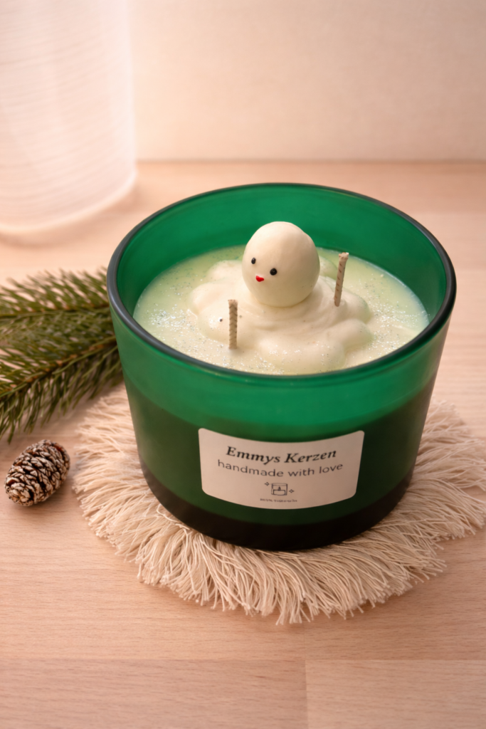 Schneemann Kerze Snowy aus Sojawachs – handgemachte Winterkerze im Glas