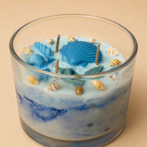 Ozean Kerze mit Muscheln – handgemachte Sojawachs Kerze im Meeresdesign