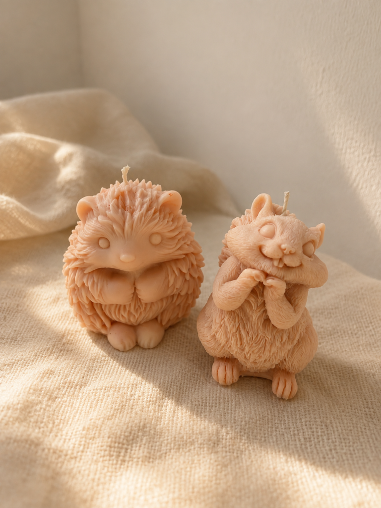 Igel Isidor & Eichhörnchen Ida – Herbstkerzen Wachsfiguren aus Sojawachs